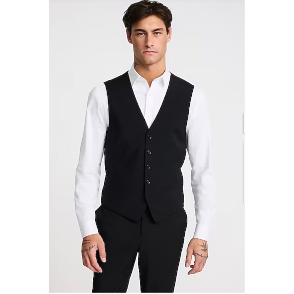 NWT Express Mens Black Wool Blend Washable Modern Tech Suit Vest Cocktail Small